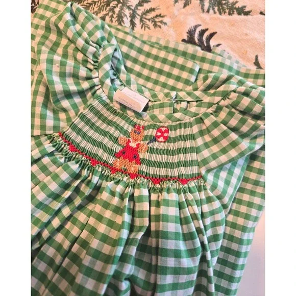 Konffetty Kids Smocked Gingham Dress Gingerbread Embroidery 4T Green Christmas - Picture 5 of 5